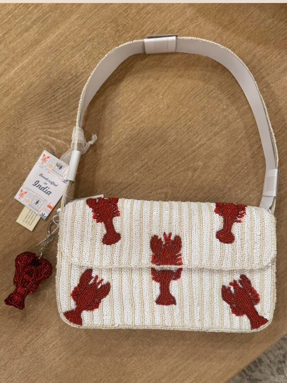 Handmade Beaded Lobster Crossbody Bag - White with Red Accents